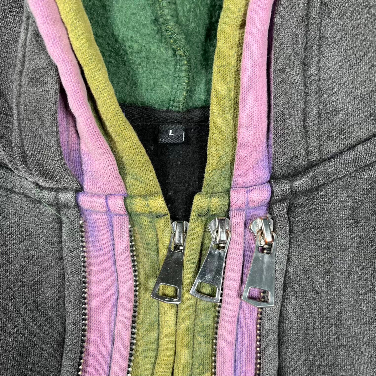 GV Gallery Raspberry Hills 3 Zip Spliced Washed Black Hoodie Size Large USED x18618