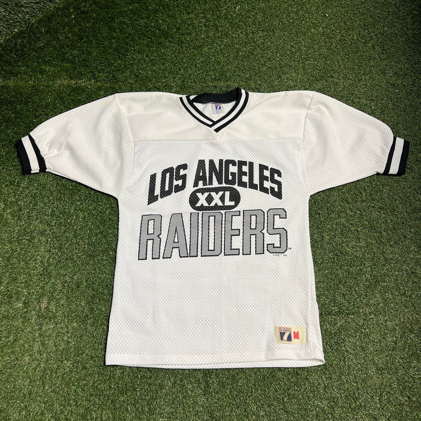 1990s Los Angles Raiders Logo 7 Tag White Jersey Size Medium USED v16494