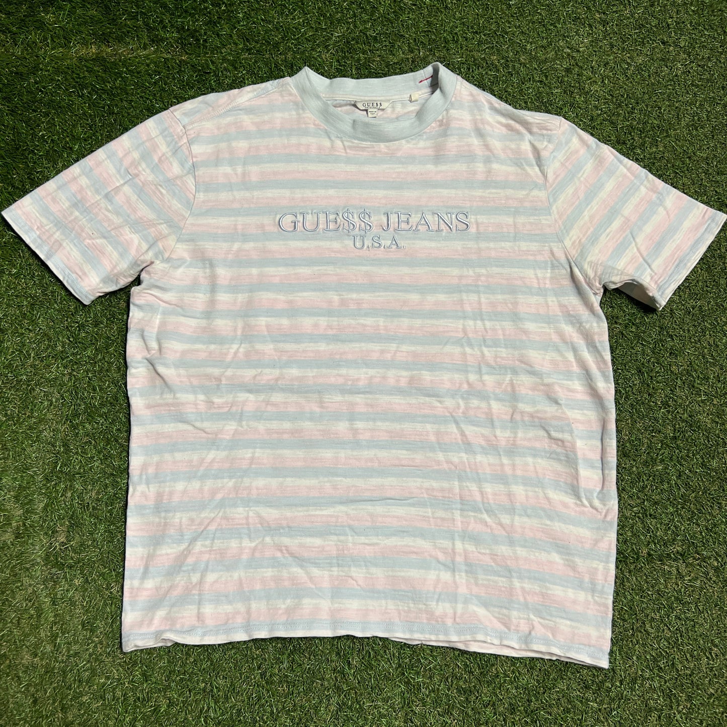 Guess Asap Rocky Pink/Blue Stripped Tee Size Medium USED x14130