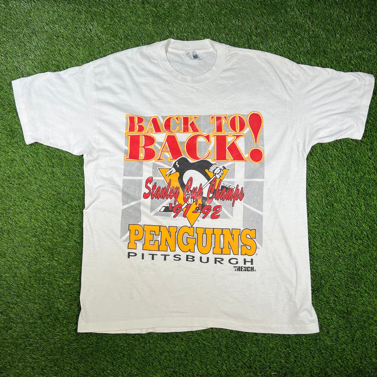 1992 Penguins Stanley Cup Champs White Tee Size XL USED v16675