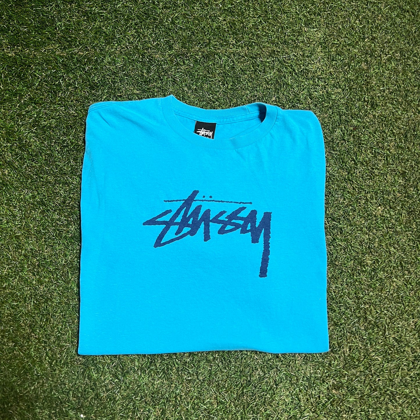 Stussy Center Logo Blue Tee Size Large USED x13307