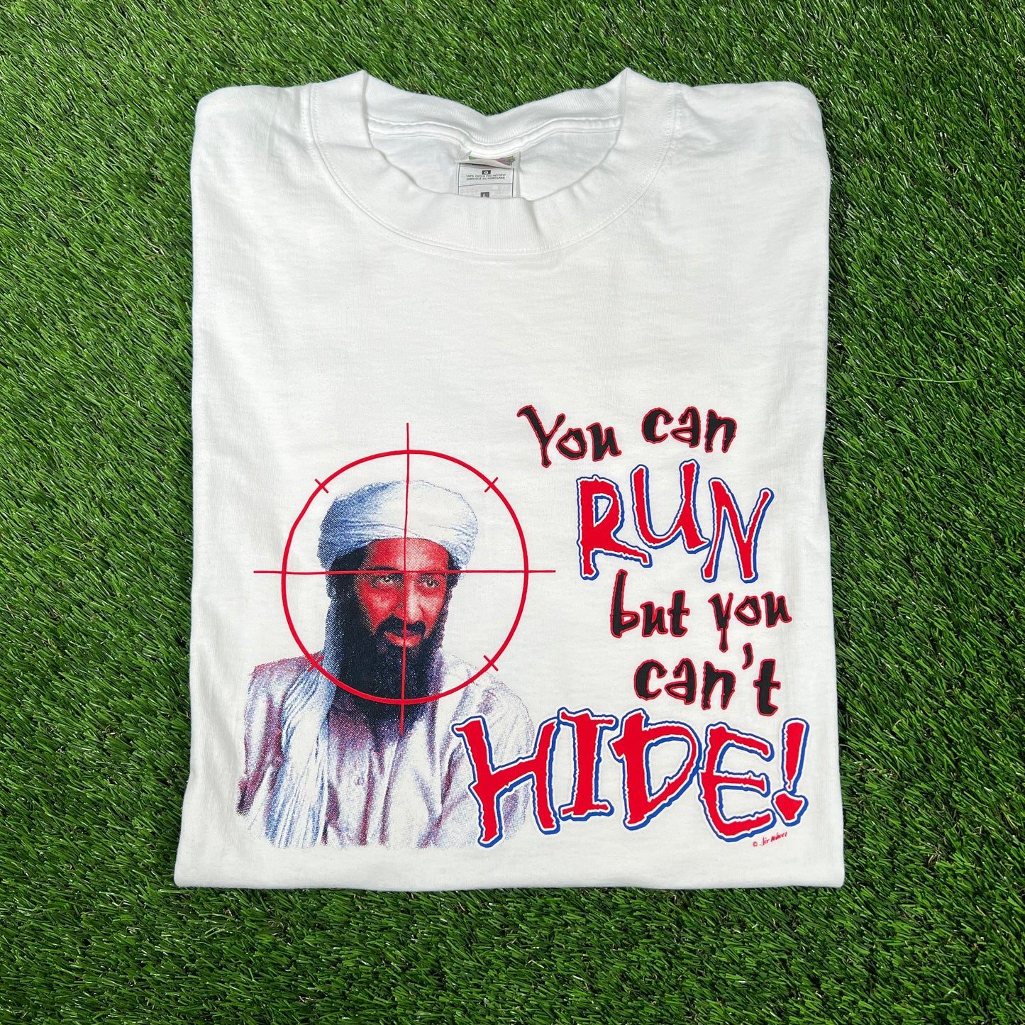 Y2K Osama You Can Run But Cant Hide White Tee Size Large USED v16750