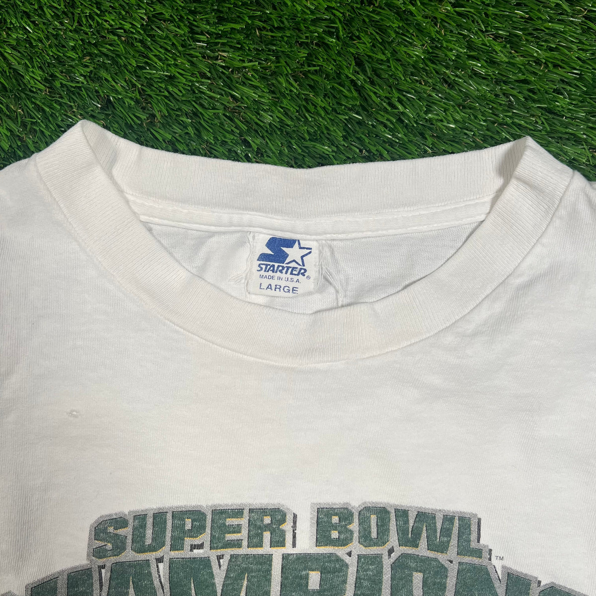 1997 Starter Green Bay Packers Super Bowl XXXI Champions White Tee Size Large USED v18493