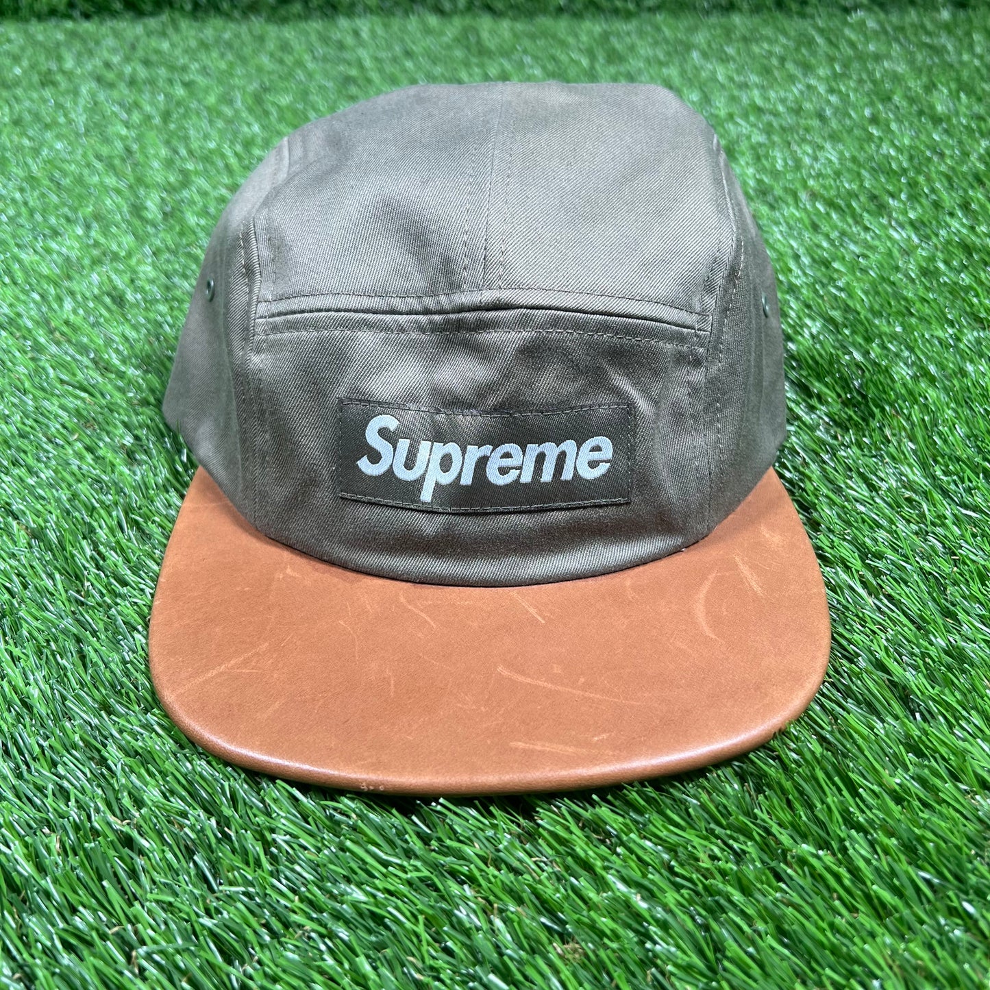 Supreme Olive/Leather Brim Camp Hat USED x14540
