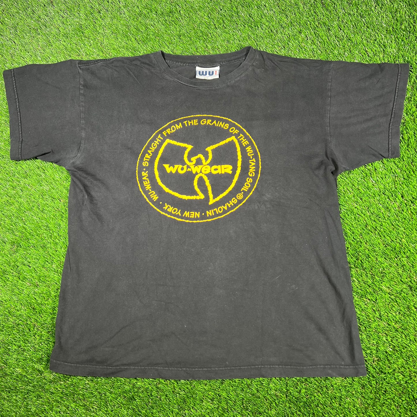 1990s Wu Tang Wu Wear Circle Yellow Logo Black Tee Size Large USED v16964