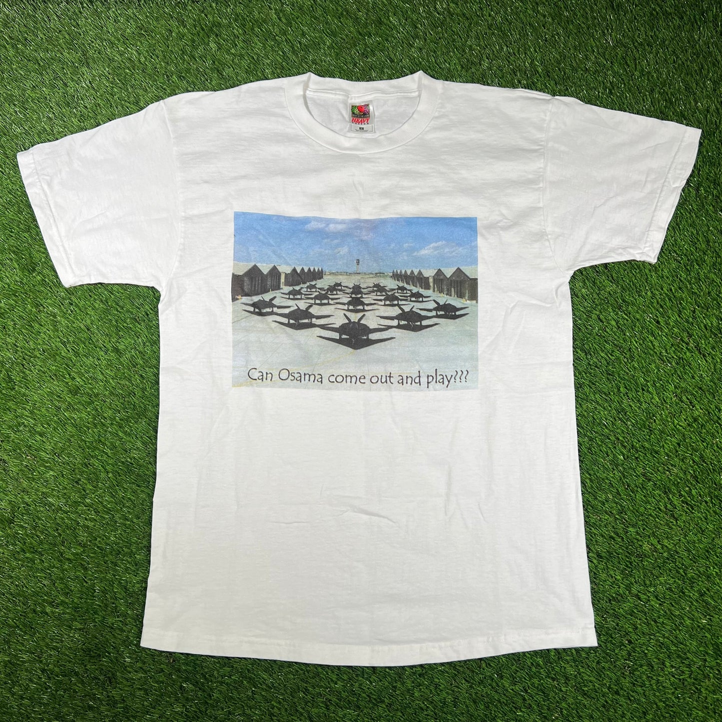 Y2K Osama Come Out And Play Fighter Jets White Tee Size Large USED v16746