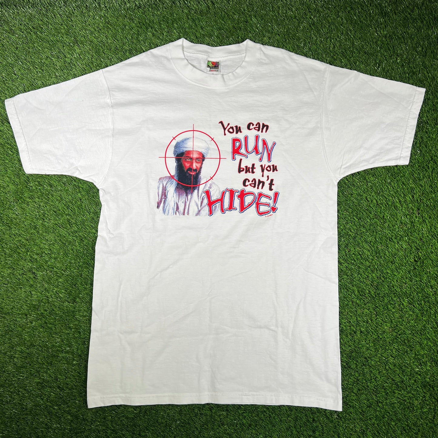 Y2K Osama You Can Run But Cant Hide White Tee Size Large USED v16750