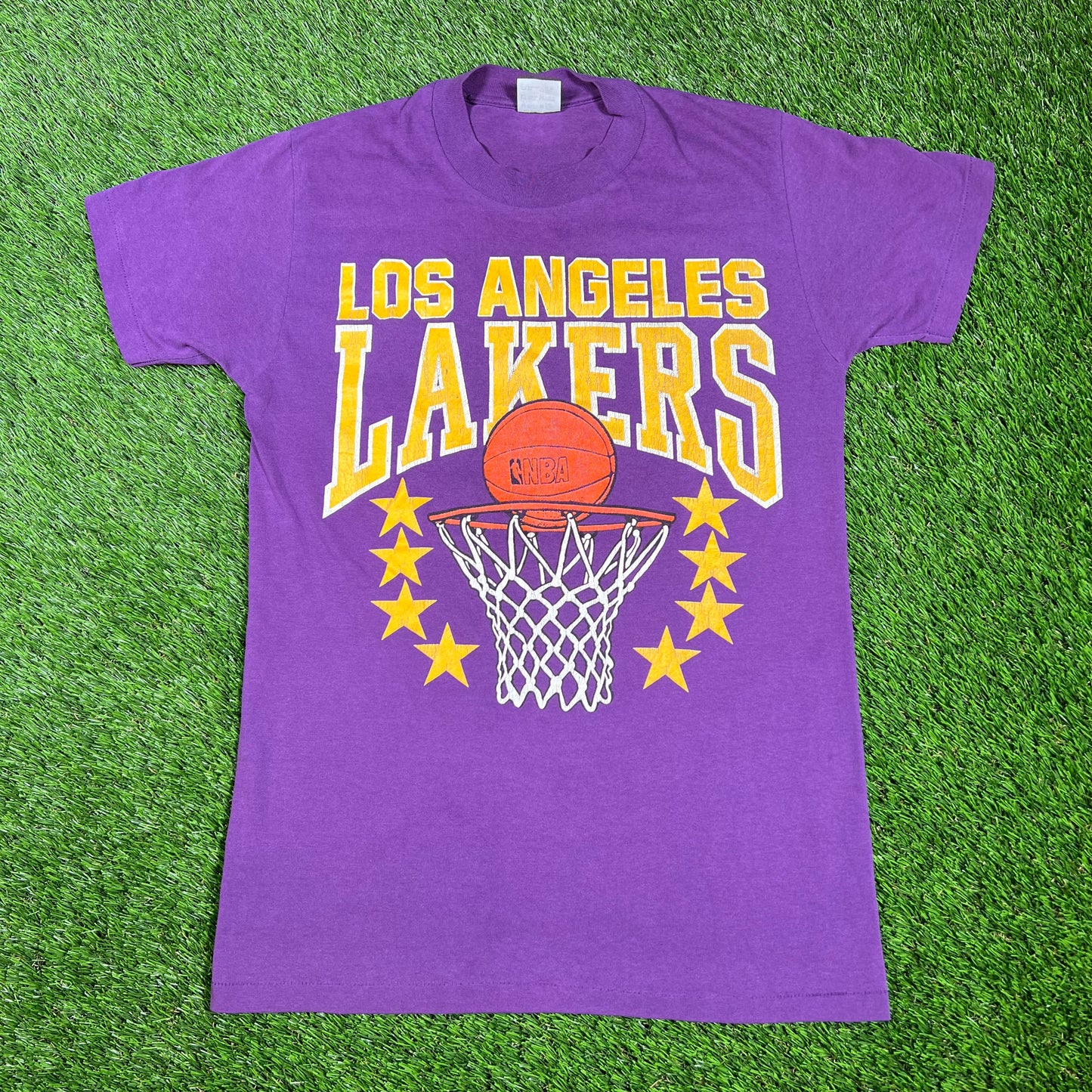 1980s LA Lakers NBA Ball Net Purple Tee Size Medium USED v16676