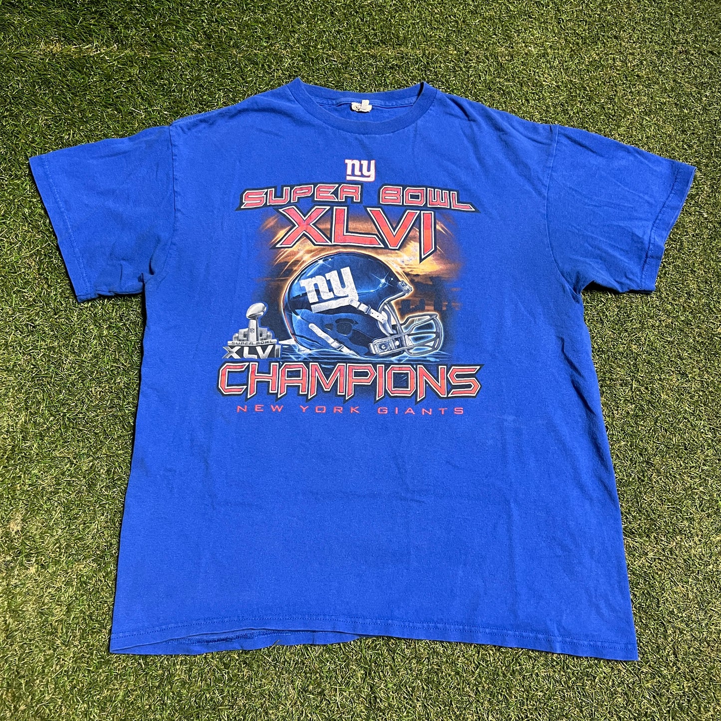 2012 New York Giants Blue Super Bowl Champions Tee Size Large USED v16497