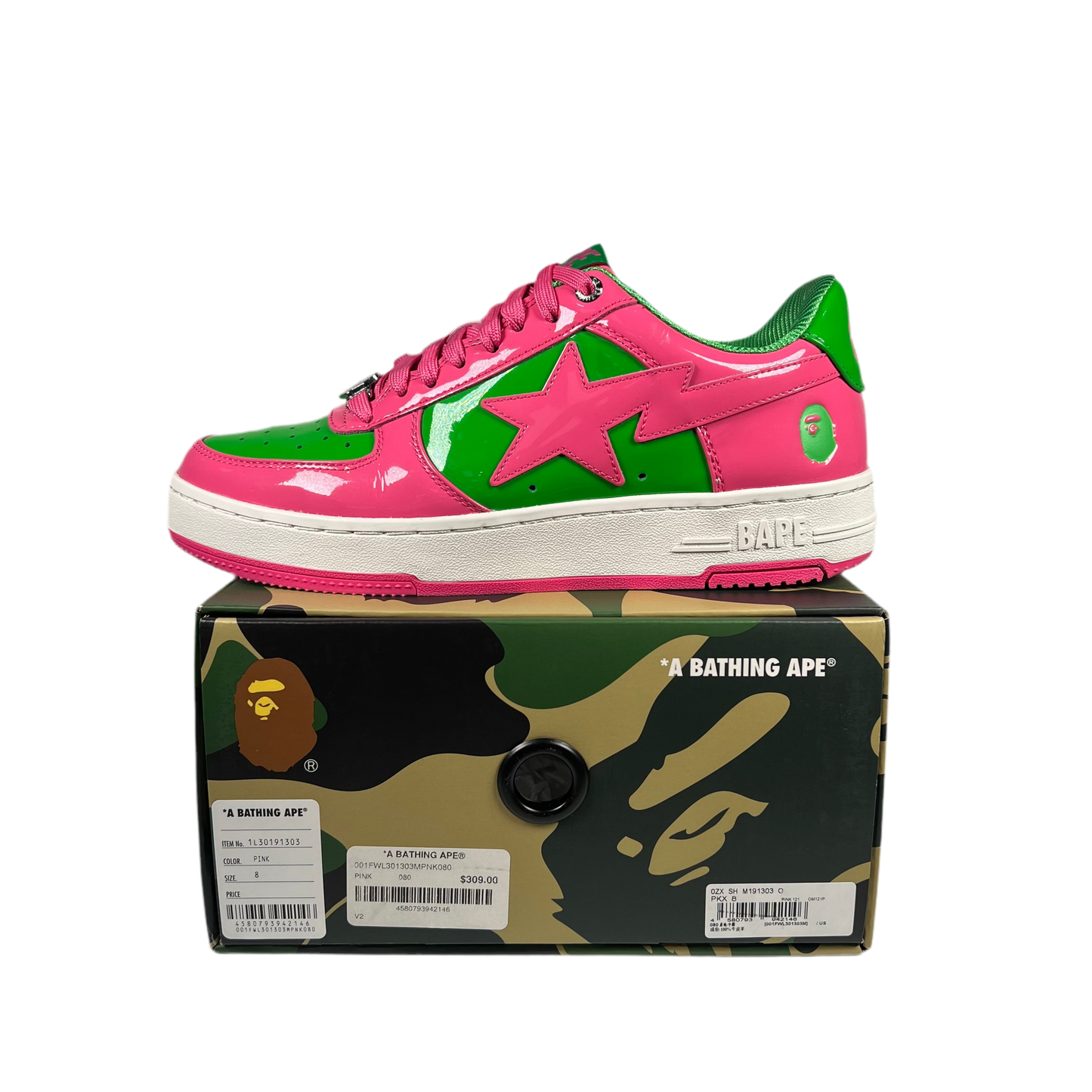 Bathing Ape Bapesta Pink and Green Size 8 USED s17919