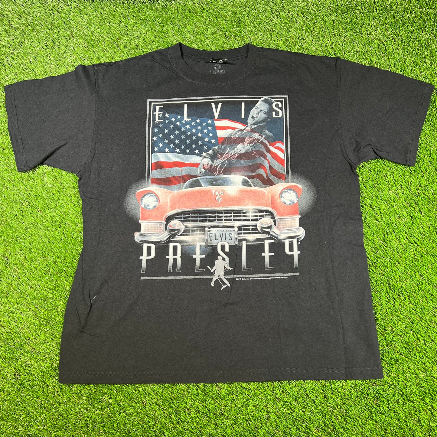 Y2K Elvis Presley Car Flay Black Tee Size XL USED v16701