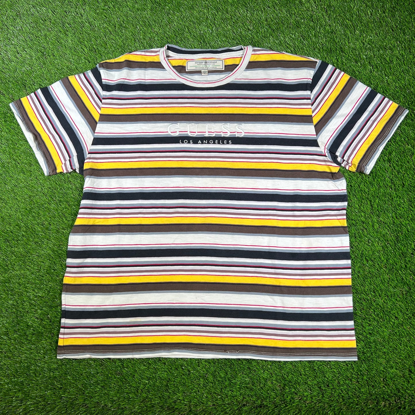 Guess LA Multi Color Yellow/Brown Stripe Tee Size XL USED v16680