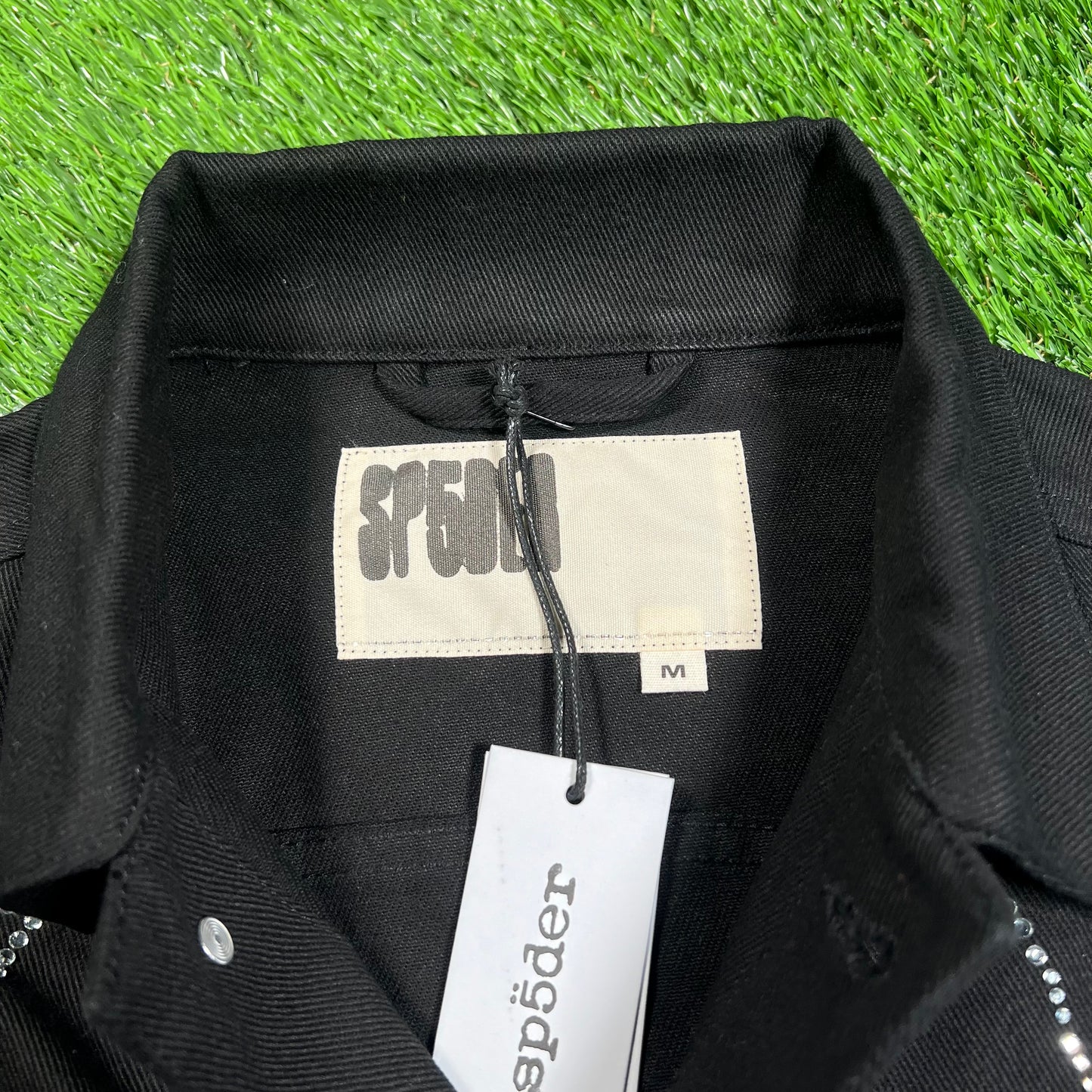 Sp5der Web Denim Cropped Trucker Black Jacket Size Medium NEW x12365