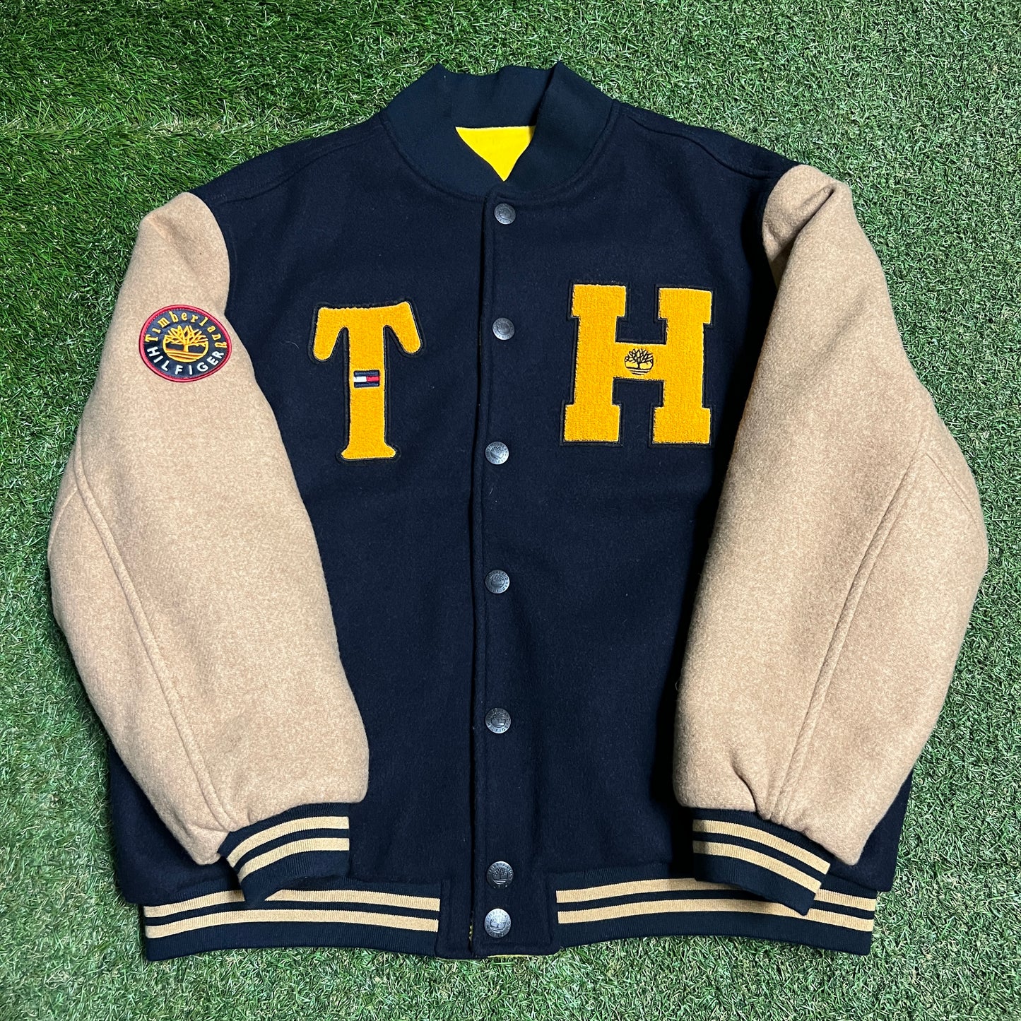 Tommy Hilfiger Timberland Reversible Navy/Yellow Varsity Jacket Size Medium NEW v16339