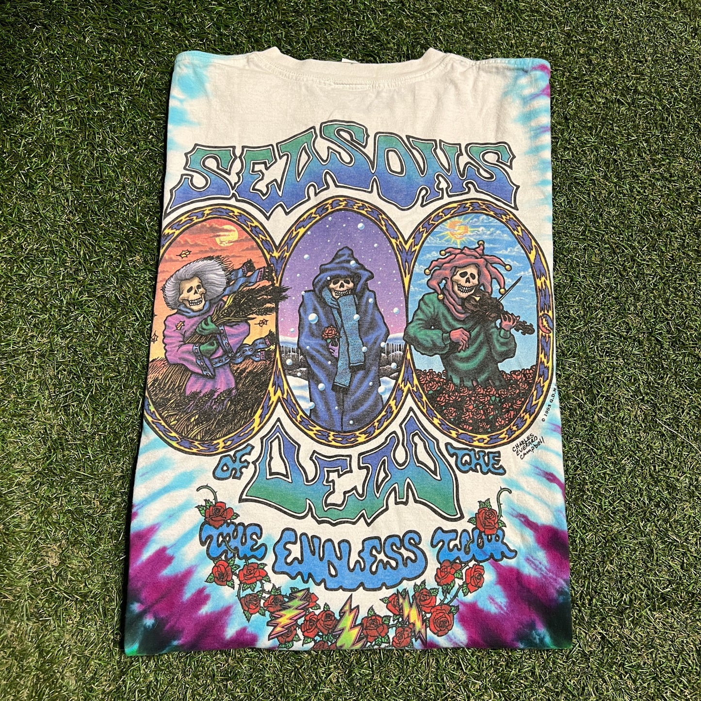 Y2K Grateful Dead 93 Seasons Jestor Tie Dye Tee Size Large USED v16394
