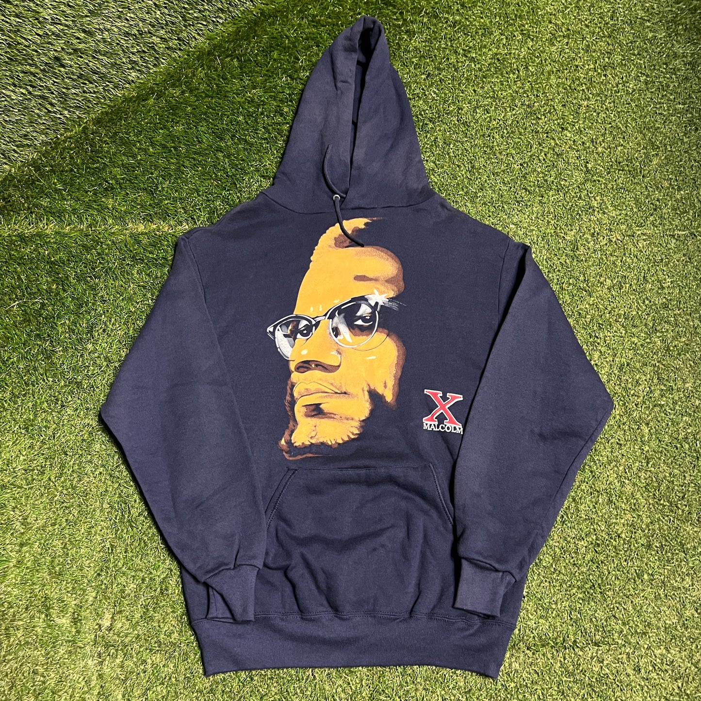 1990s Malcolm X Portrait Print Navy Blue Hoodie Size XL USED v16427