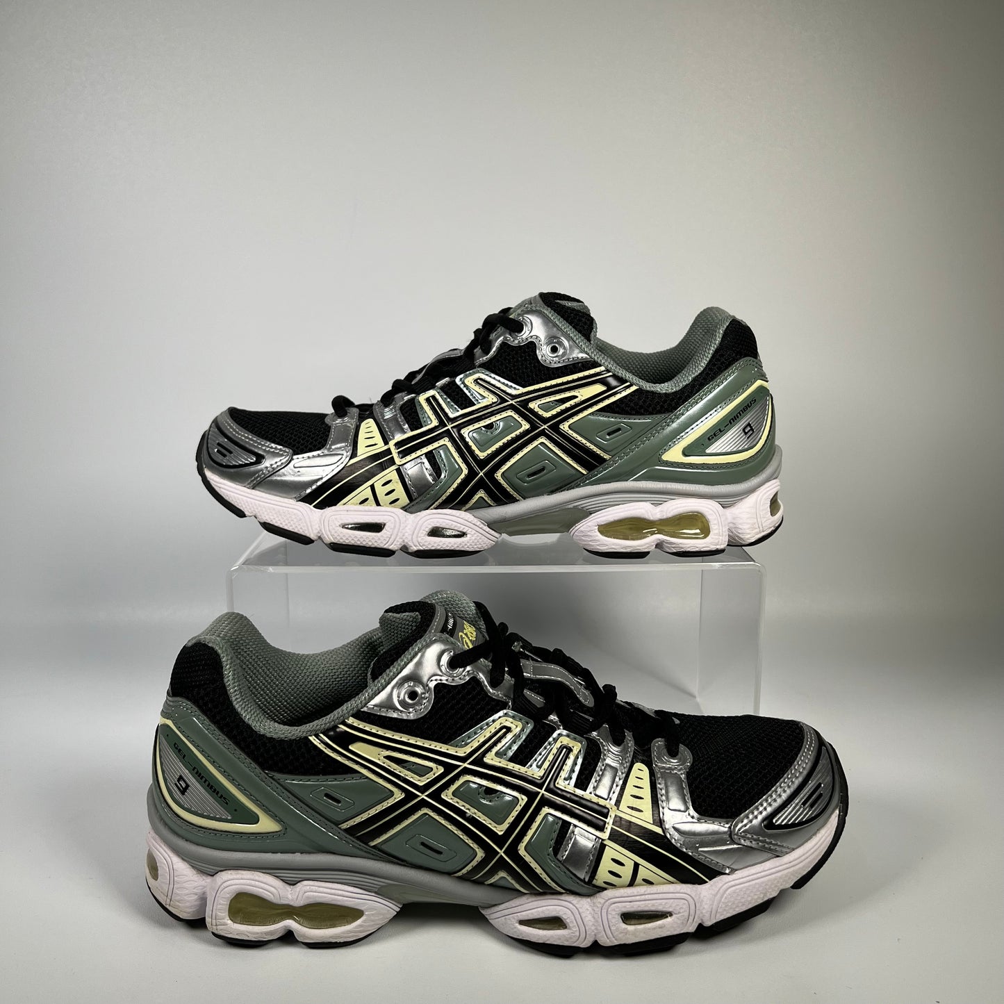 Asics Gel-Nimbus 9 Black Green Yellow Silver (2023) Size 10.5 USED s17858