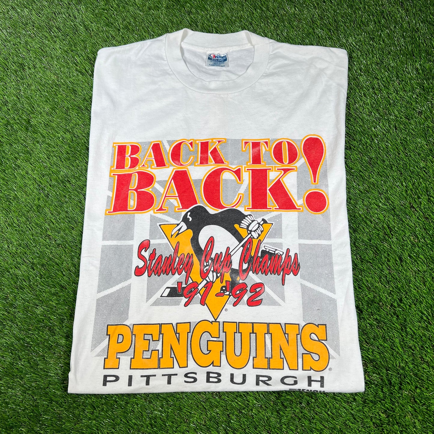 1992 Penguins Stanley Cup Champs White Tee Size XL USED v16675