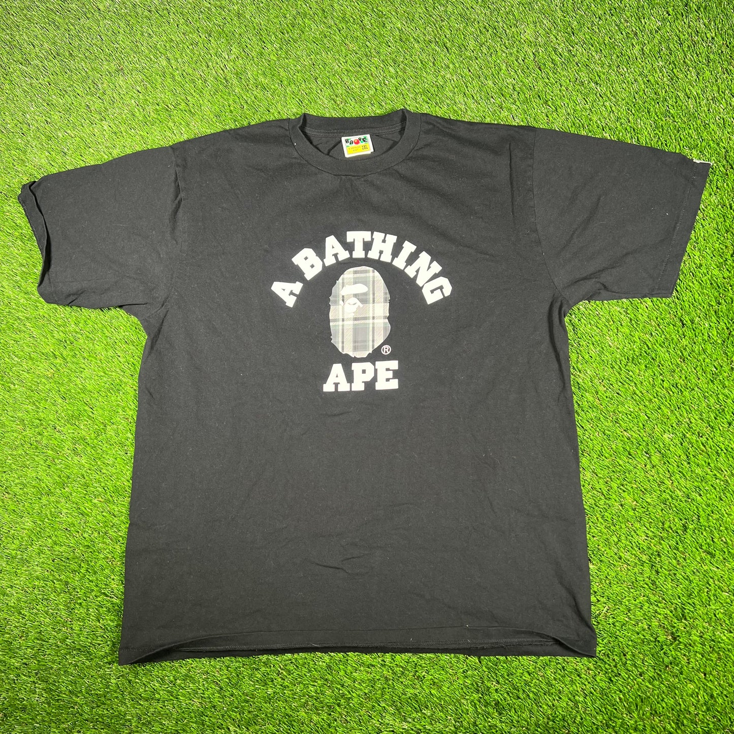 Bape Bathing Ape Plaid Logo Black Tee Size XXL USED x14908