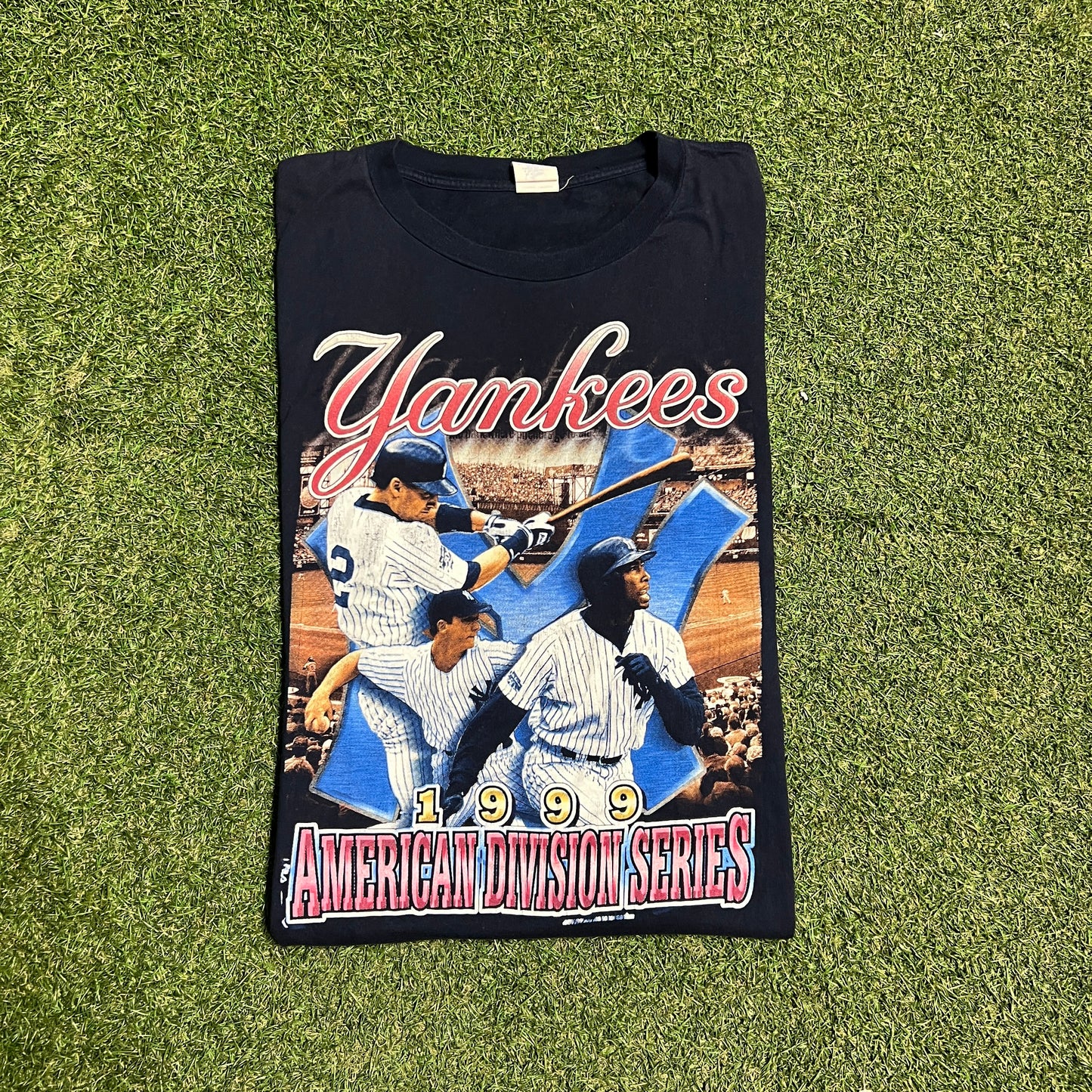 1999 American Division Series 3 Players Roster on Back Navy Tee Size XL USED v16275