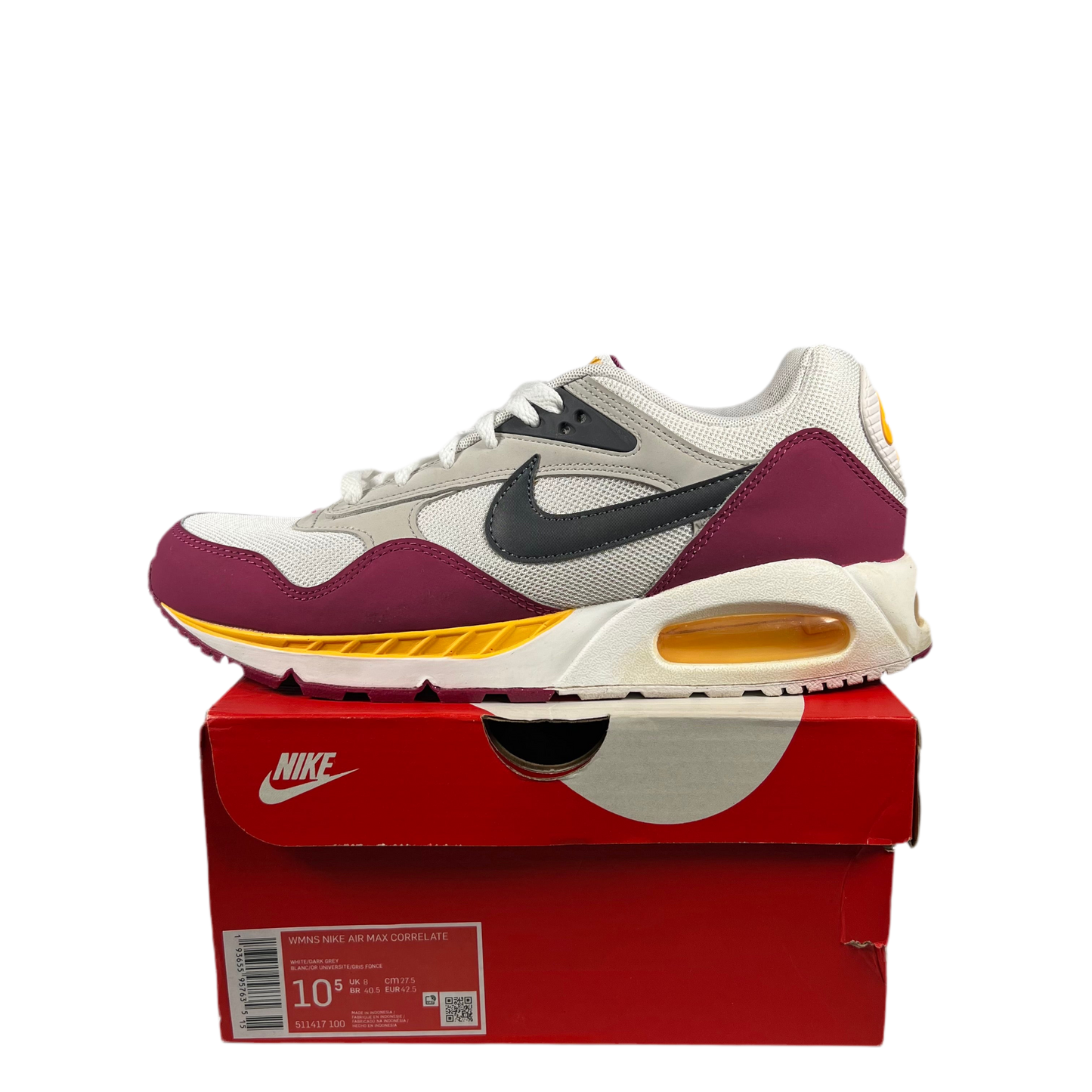 Nike Air Max Correlate White Dark Grey Yellow (2022) Size 9M/10.5W USED s18635