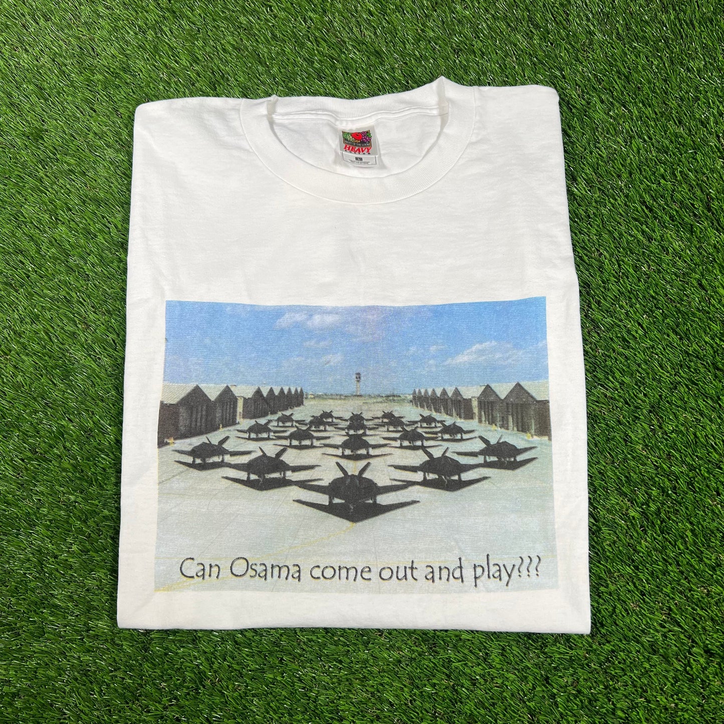 Y2K Osama Come Out And Play Fighter Jets White Tee Size Large USED v16746