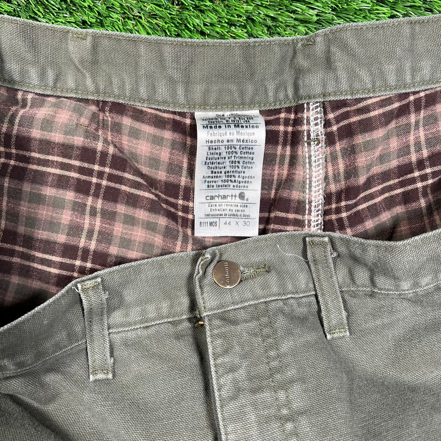 Y2K Carhartt Workwear Flannel Lined Green Pants Size 44x30 USED v18594
