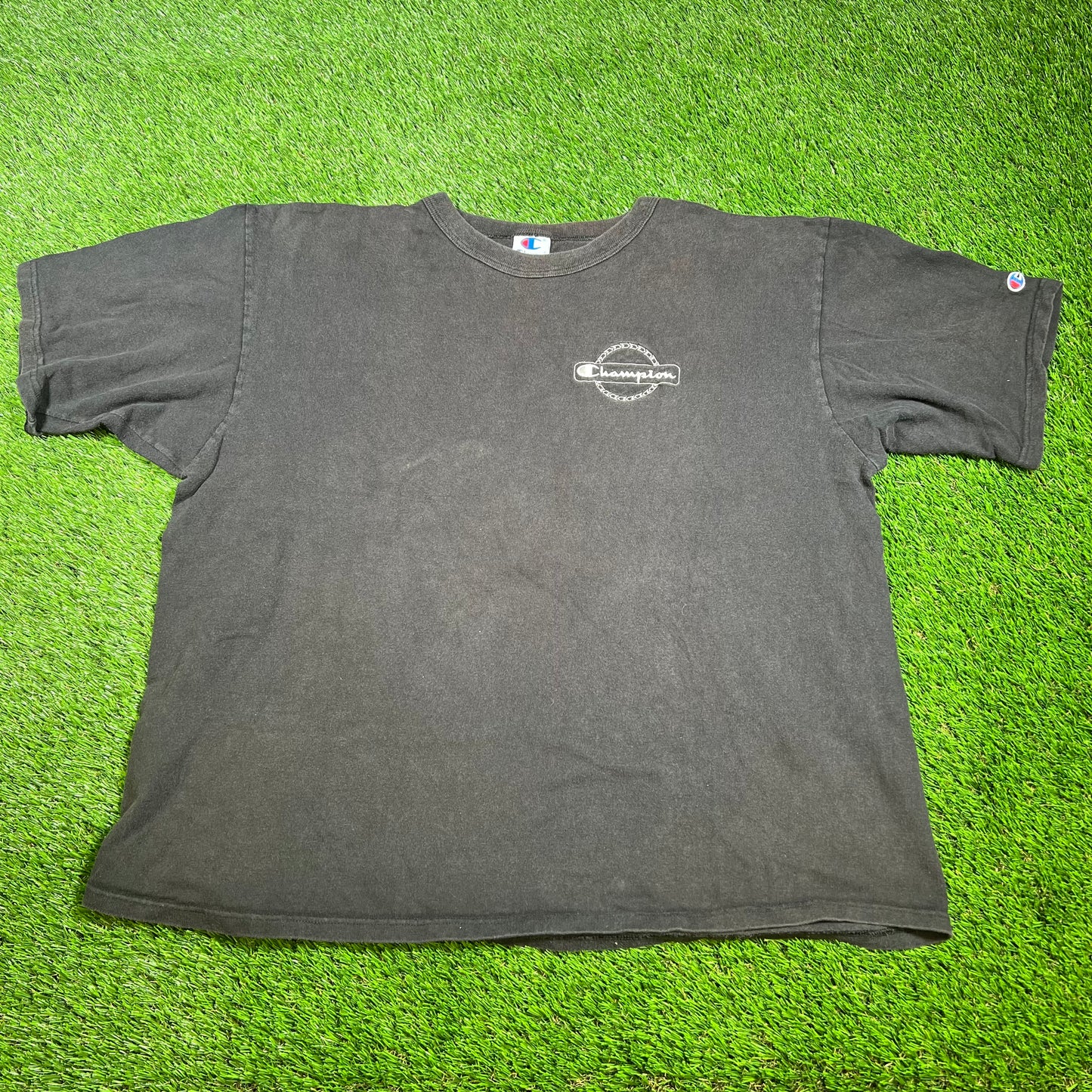 Y2K Champion Left corner Logo Black Tee Size XXL USED V16544