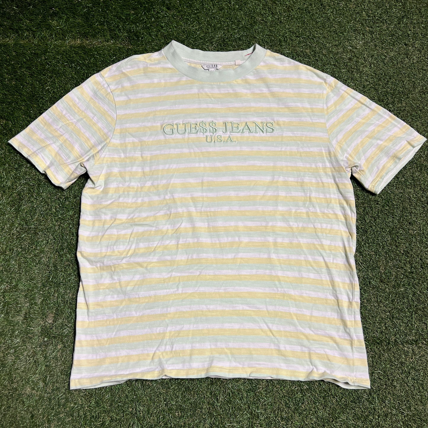 Guess Asap Rocky Yellow/White Stripped Tee Size Medium USED x14129