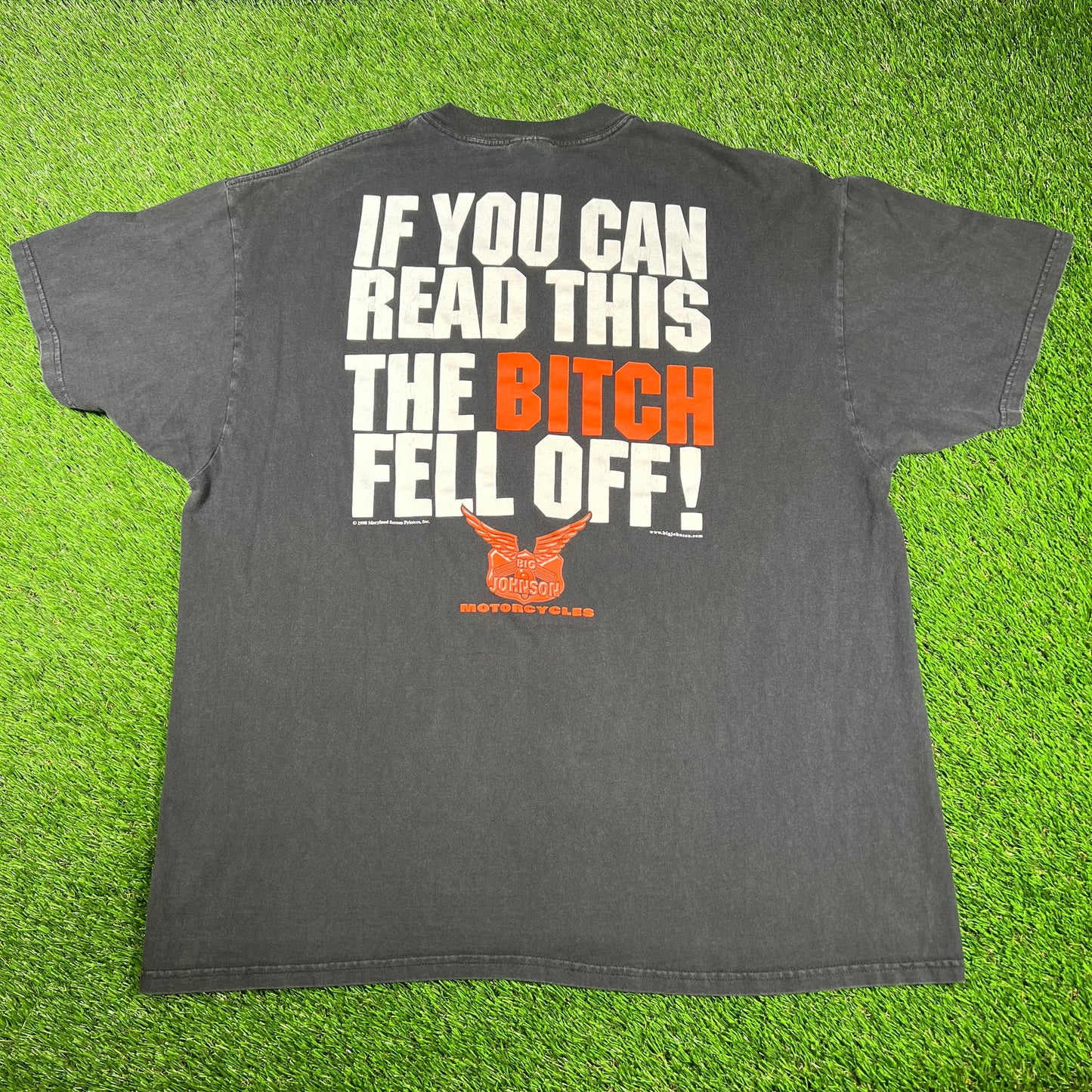 1998 Big Johnson Motorcycle She Fell Off Black Tee Size XXL USED v16752