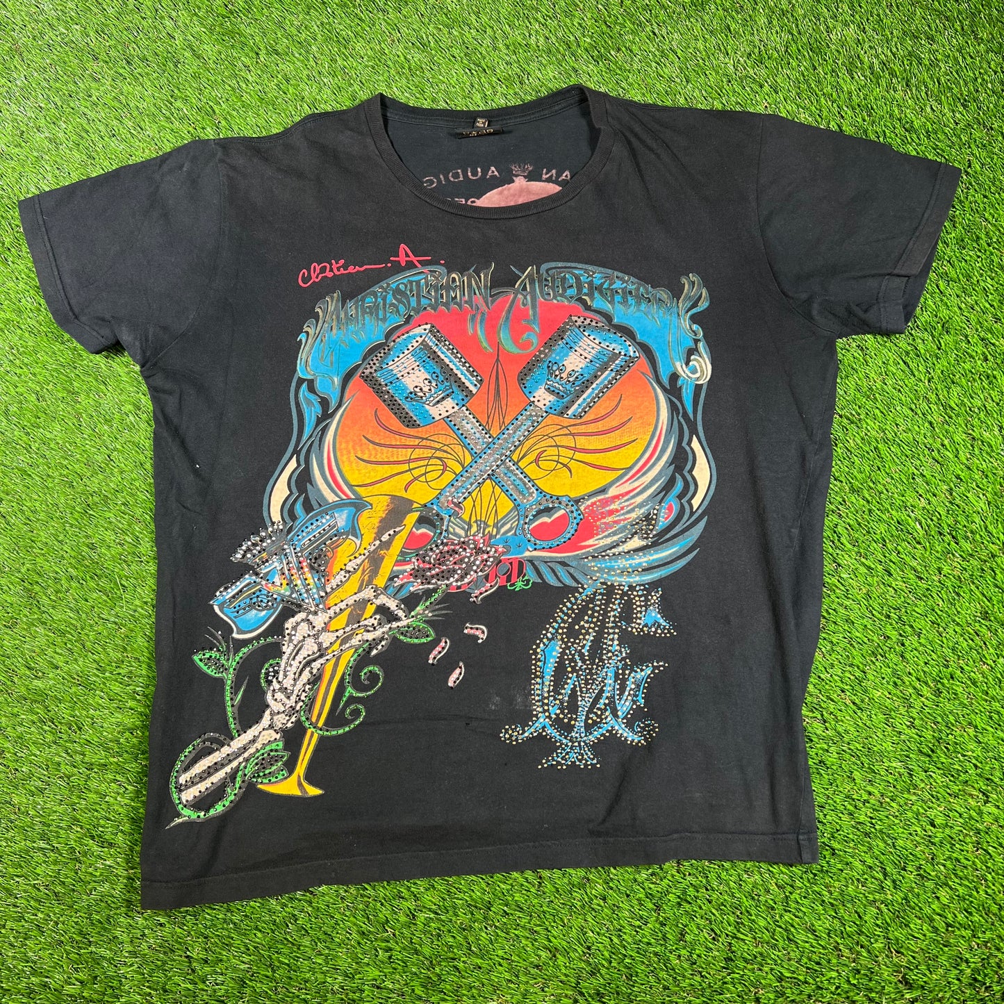 Christian Audigier Daydreamer Rhinestone Black Tee Size XXL USED v16649