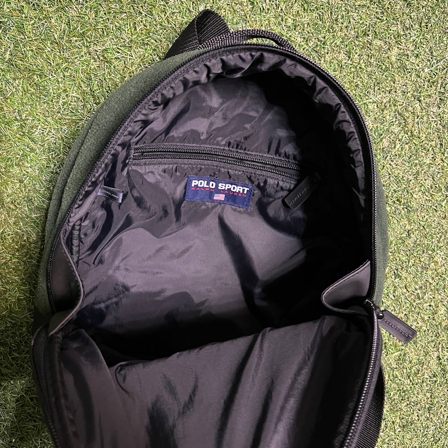 Y2K Polo Sport Ralph Lauren Green Felt Backpack USED v16373