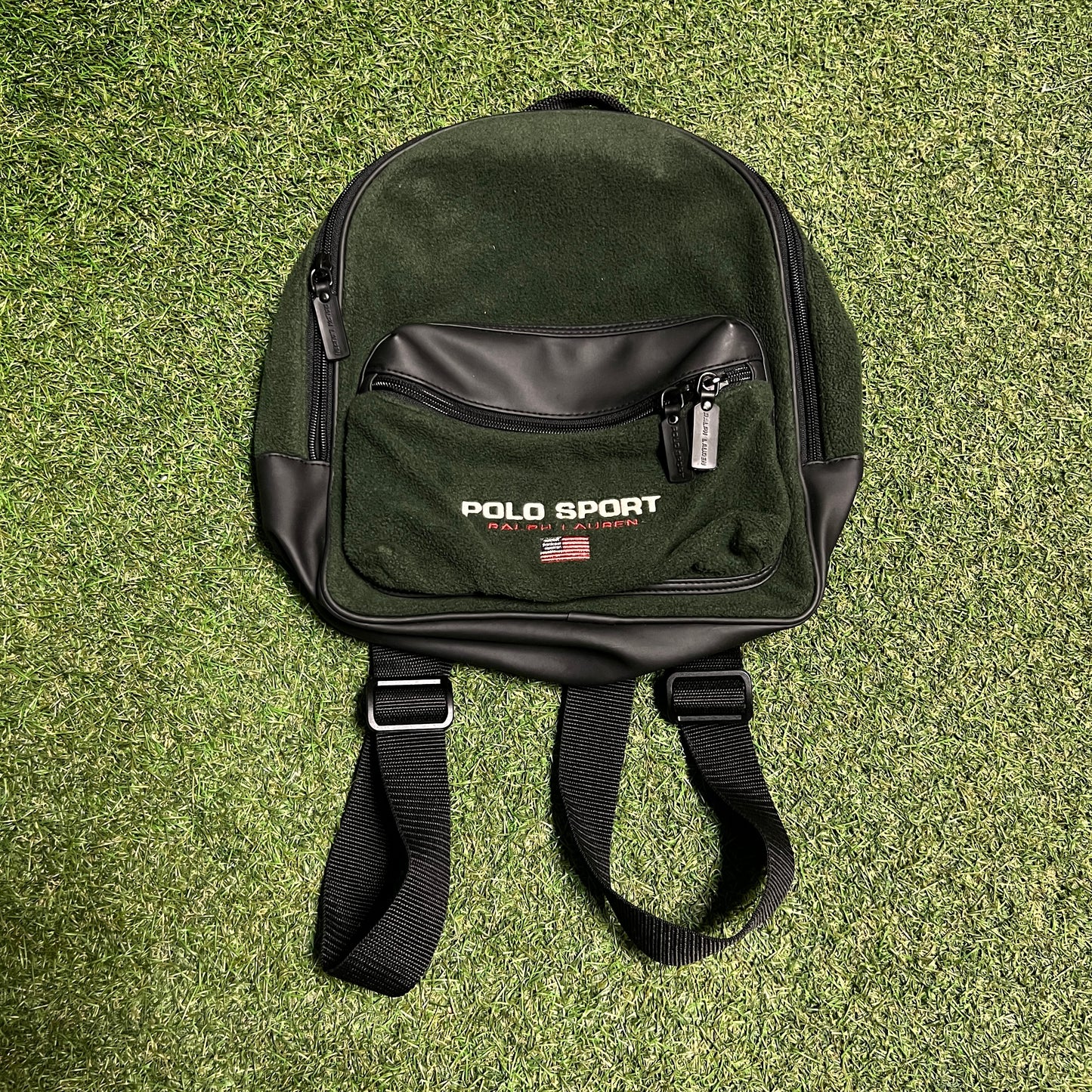 Y2K Polo Sport Ralph Lauren Green Felt Backpack USED v16373