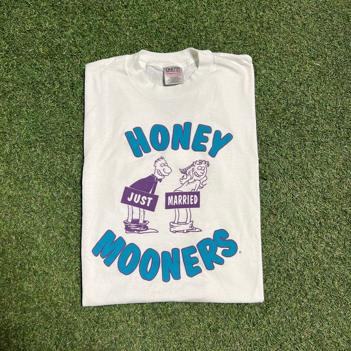 1990s Honey Mooners Just Married White Tee Size Large USED v10625
