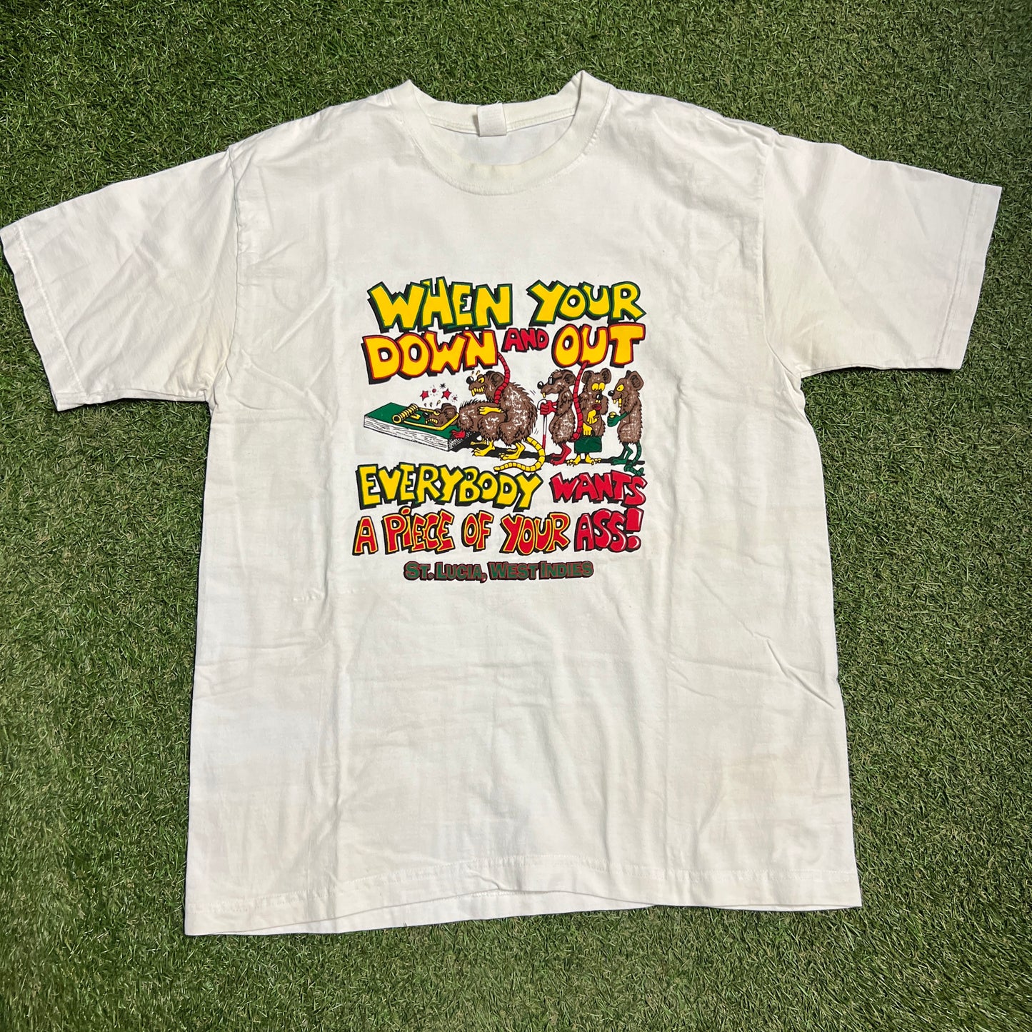 1990s When Your Down and Out Rat White Tee Size XL USED v9935