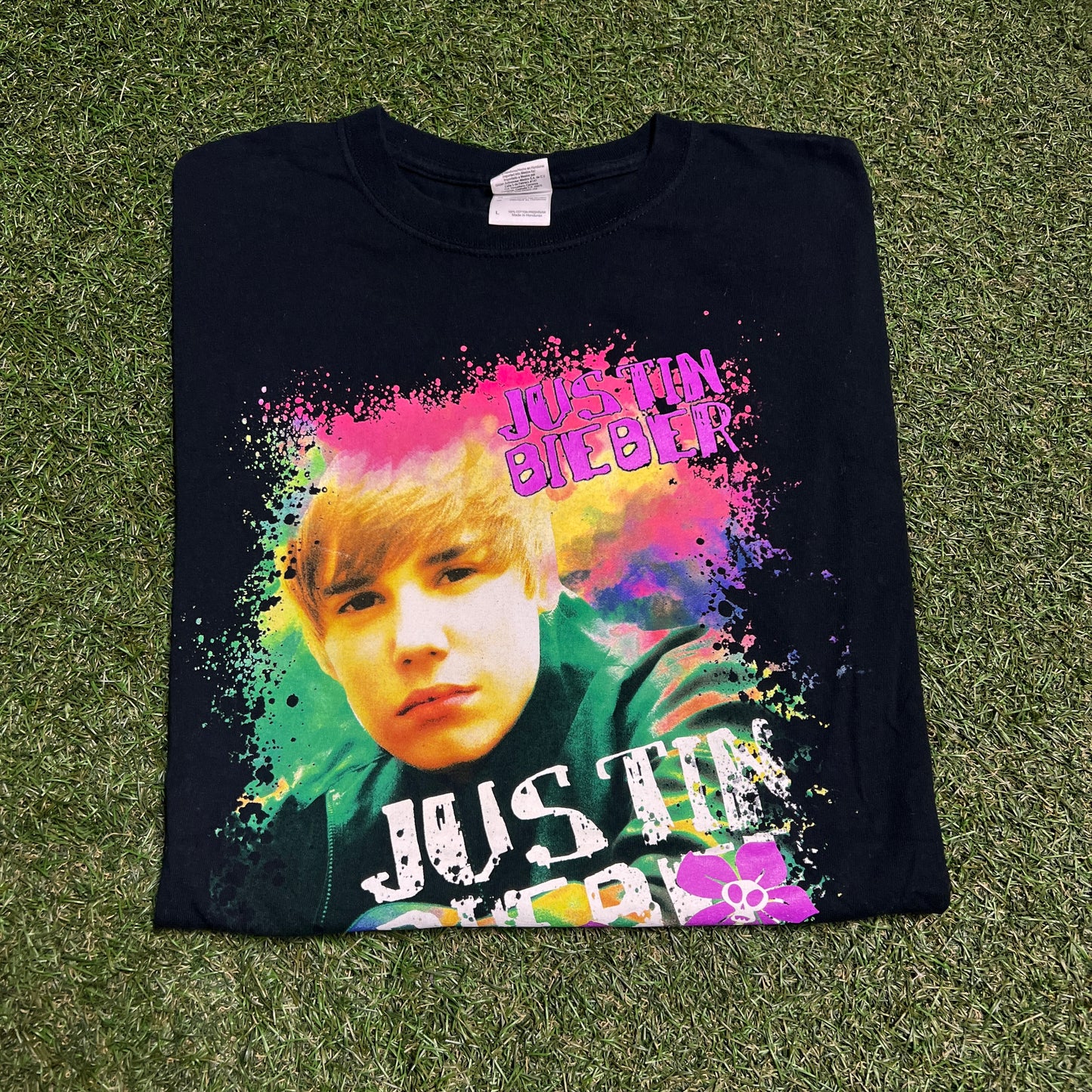 Justin Bieber 2010 tour Rap Style Black Tee Size Large USED v3548
