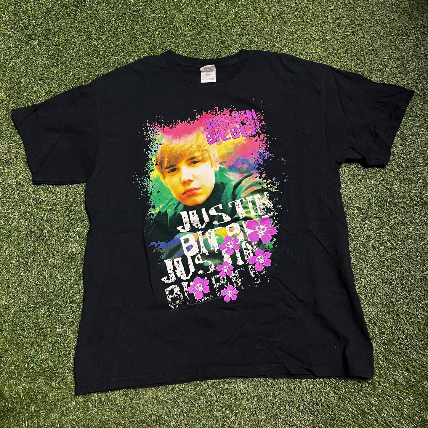 Justin Bieber 2010 tour Rap Style Black Tee Size Large USED v3548