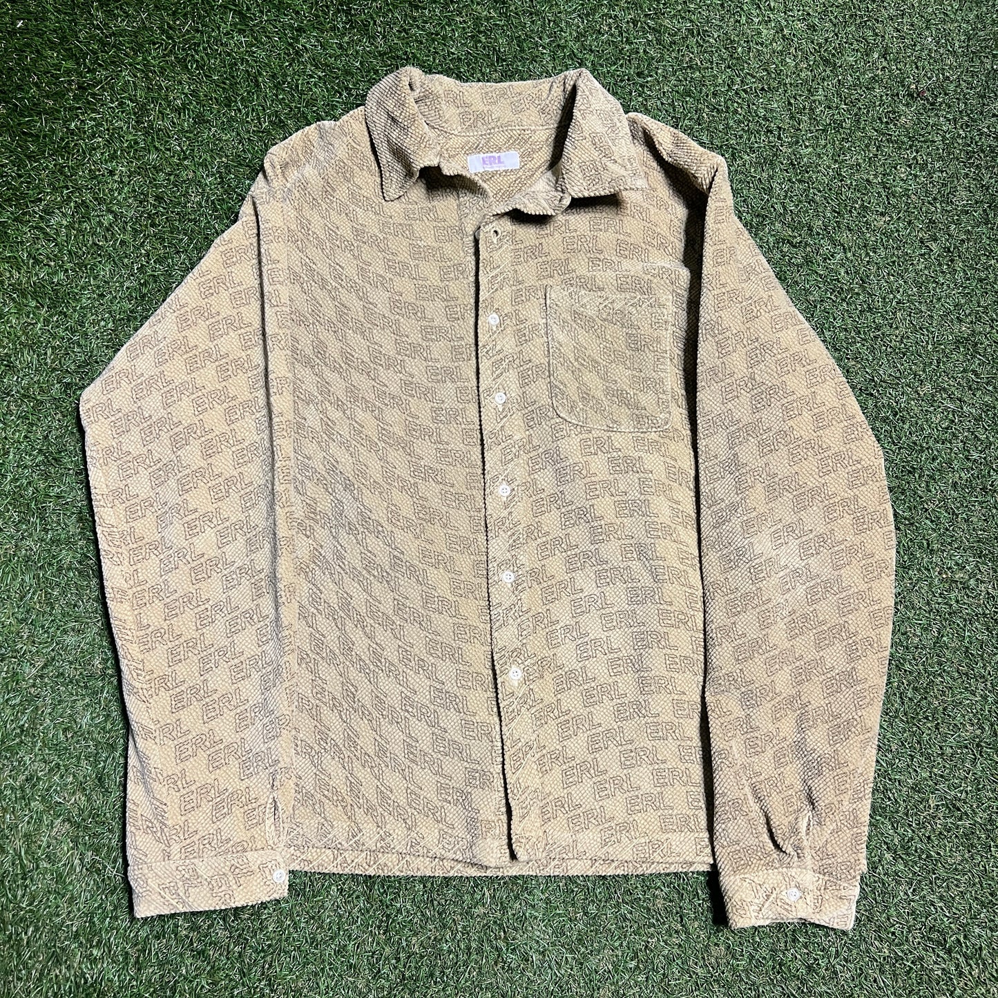 ERL Repeat Logo Corduroy Button Up Tan Shirt Size Large USED x13368