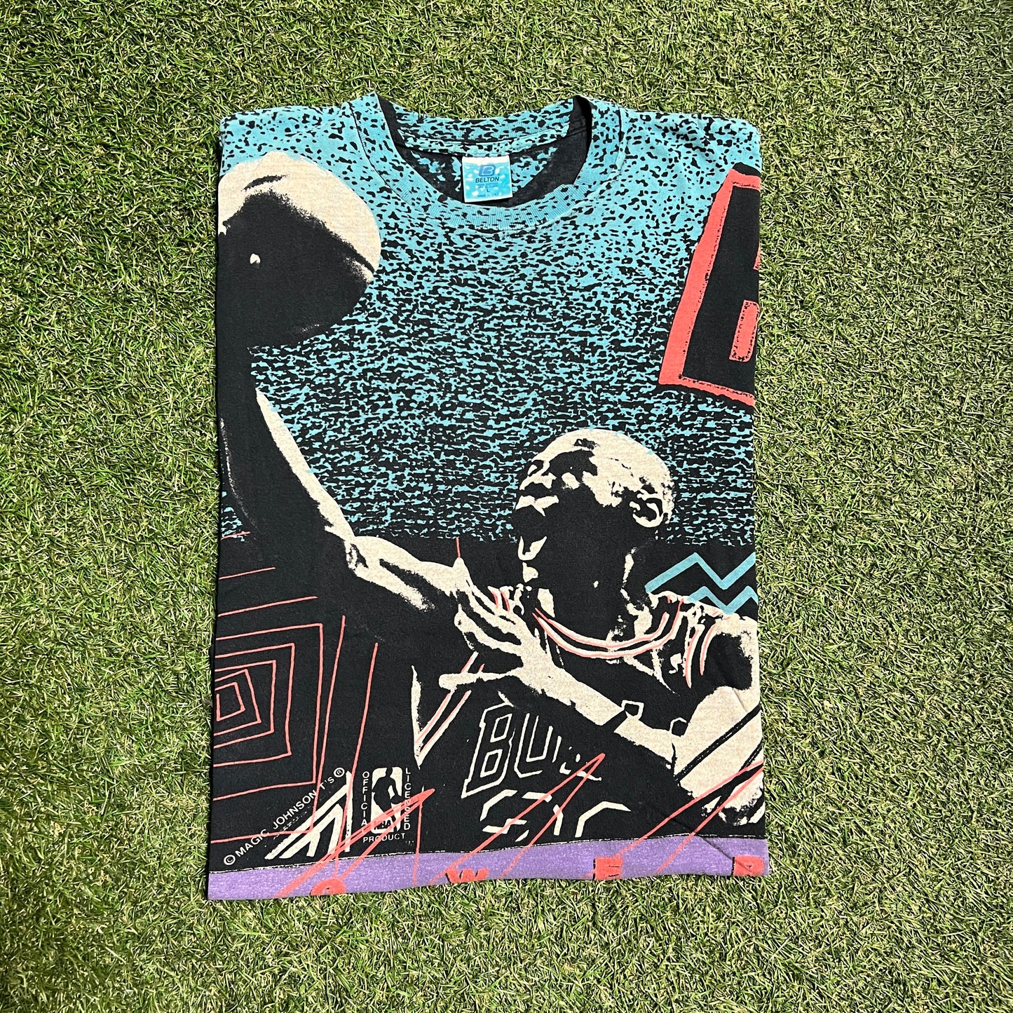 Michael Jordan Magic Johnson Tag Full Print Tee Teal/Black Size Large USED v5833