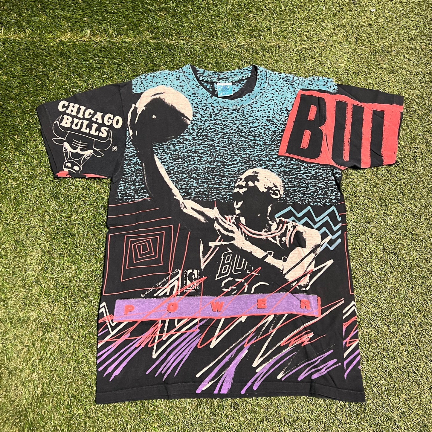 Michael Jordan Magic Johnson Tag Full Print Tee Teal/Black Size Large USED v5833