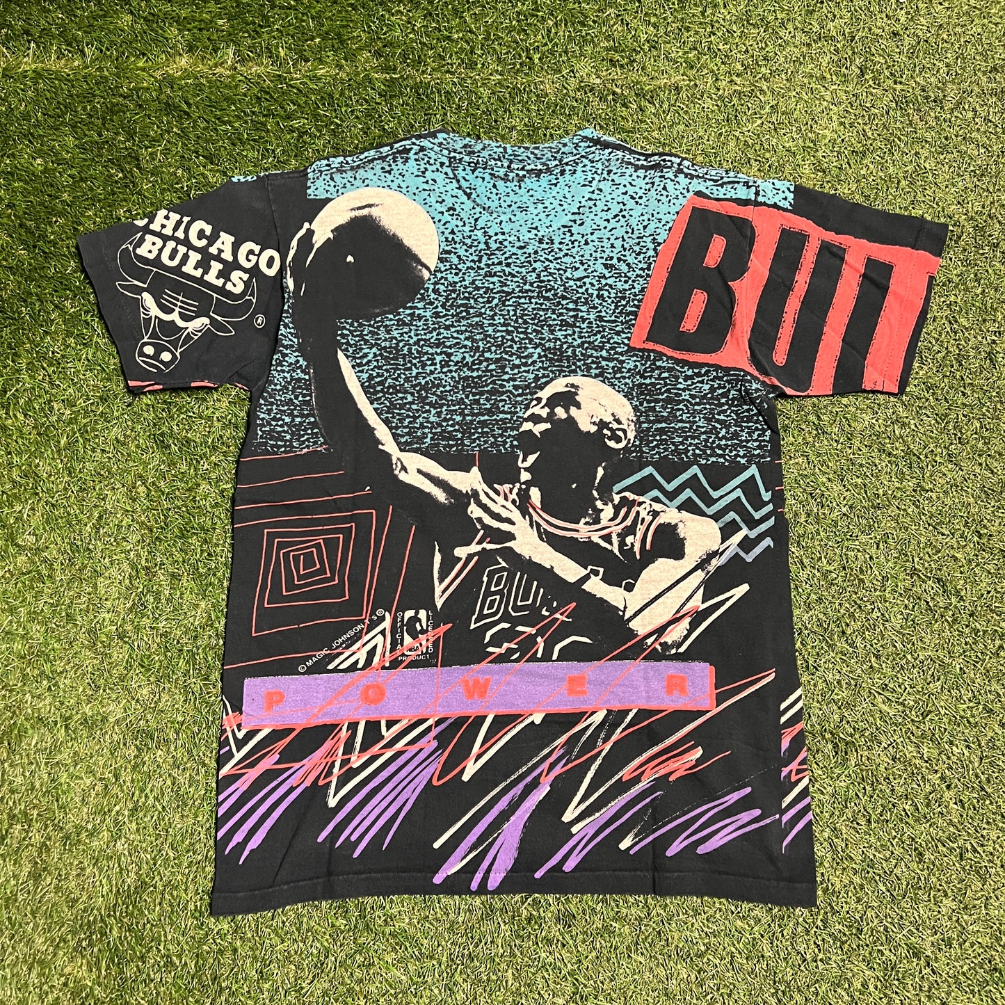 Michael Jordan Magic Johnson Tag Full Print Tee Teal/Black Size Large USED v5833