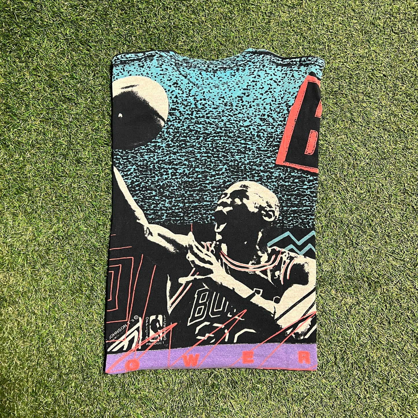 Michael Jordan Magic Johnson Tag Full Print Tee Teal/Black Size Large USED v5833