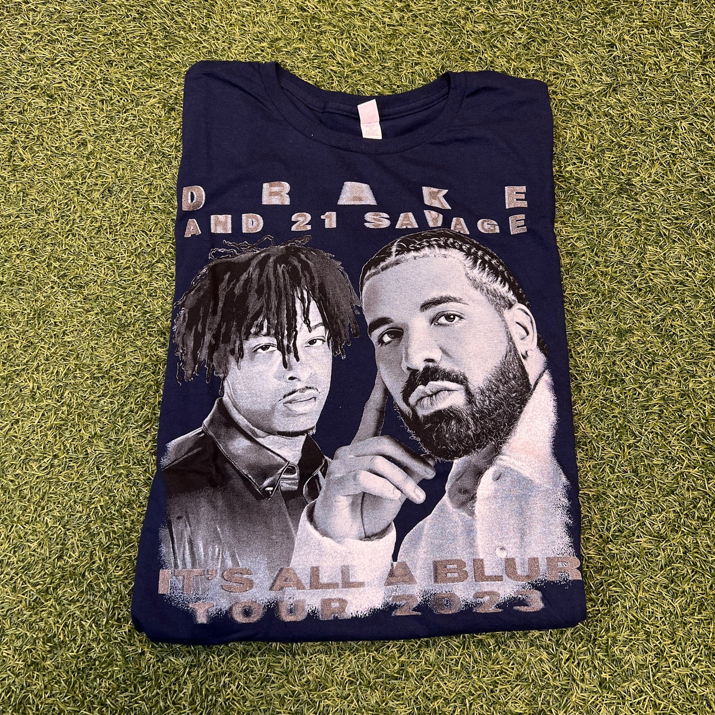 Drake & 21 Savage Bootleg It's All A Blur Tour 2023 Navy Tee Size Large NEW x8141