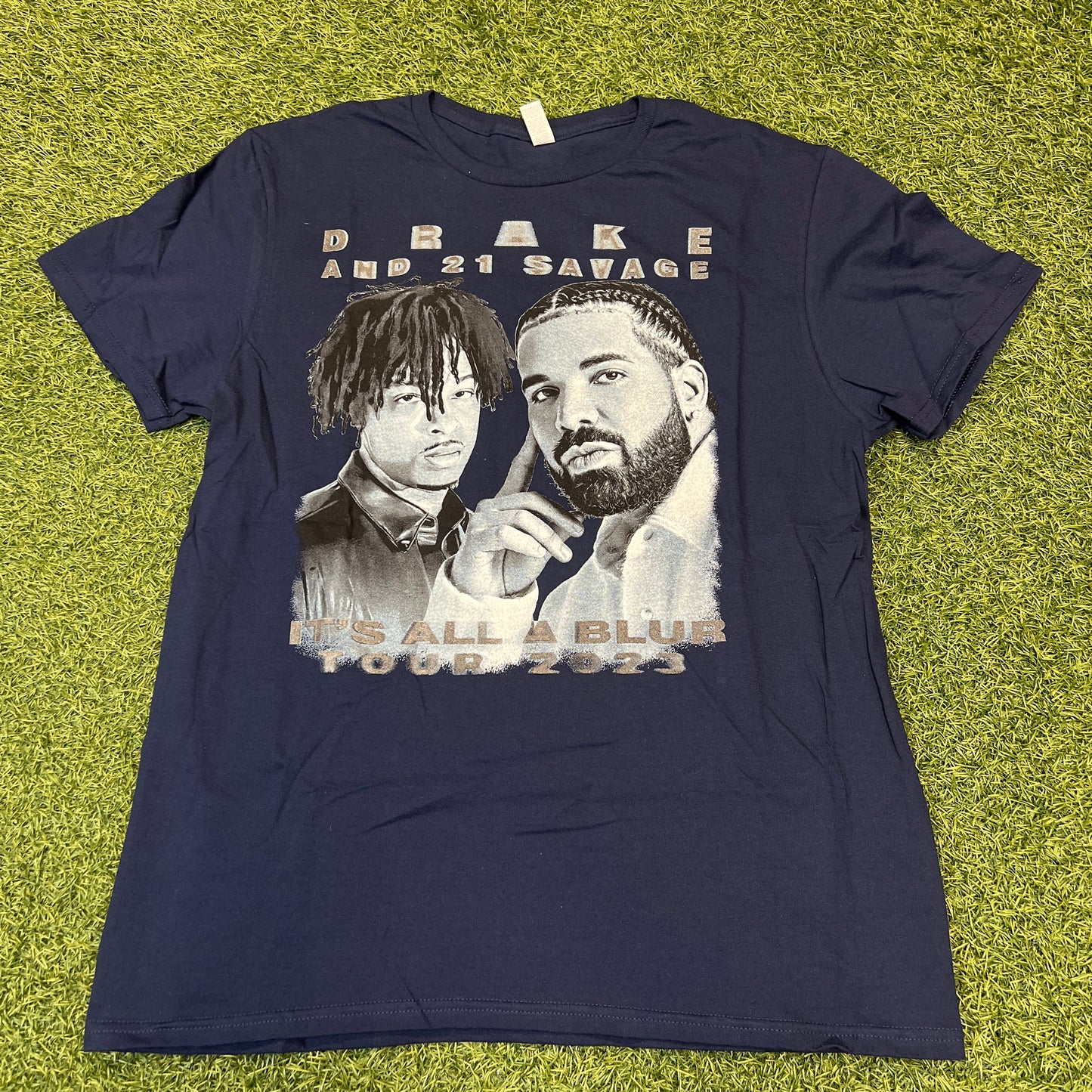 Drake & 21 Savage Bootleg It's All A Blur Tour 2023 Navy Tee Size Large NEW x8141