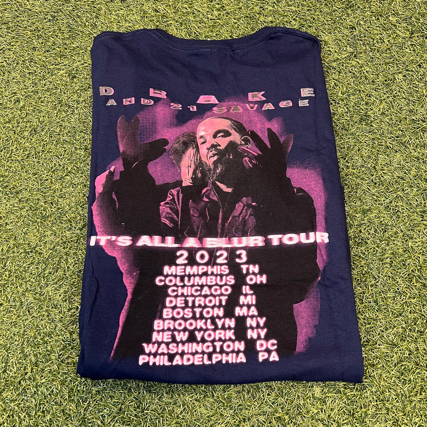 Drake & 21 Savage Bootleg It's All A Blur Tour 2023 Navy Tee Size Large NEW x8141
