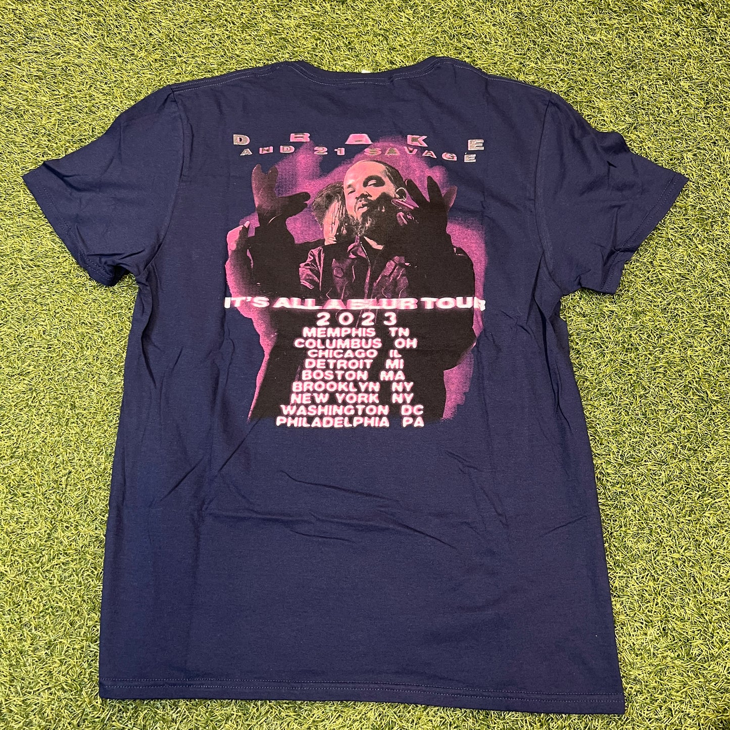 Drake & 21 Savage Bootleg It's All A Blur Tour 2023 Navy Tee Size Large NEW x8141
