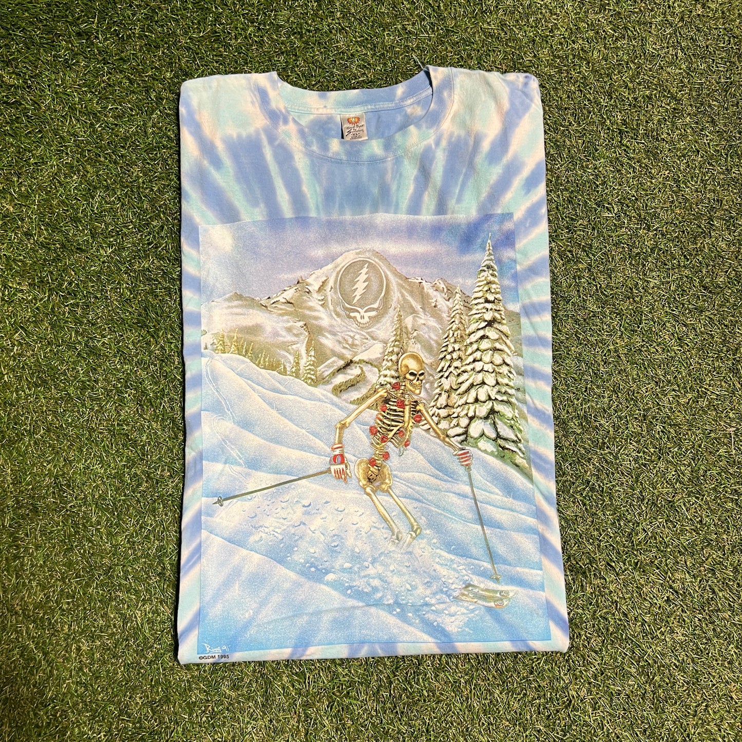1995 Grateful Dead Skiing Skeleton Tie Dye Tee Size XL USED v9127