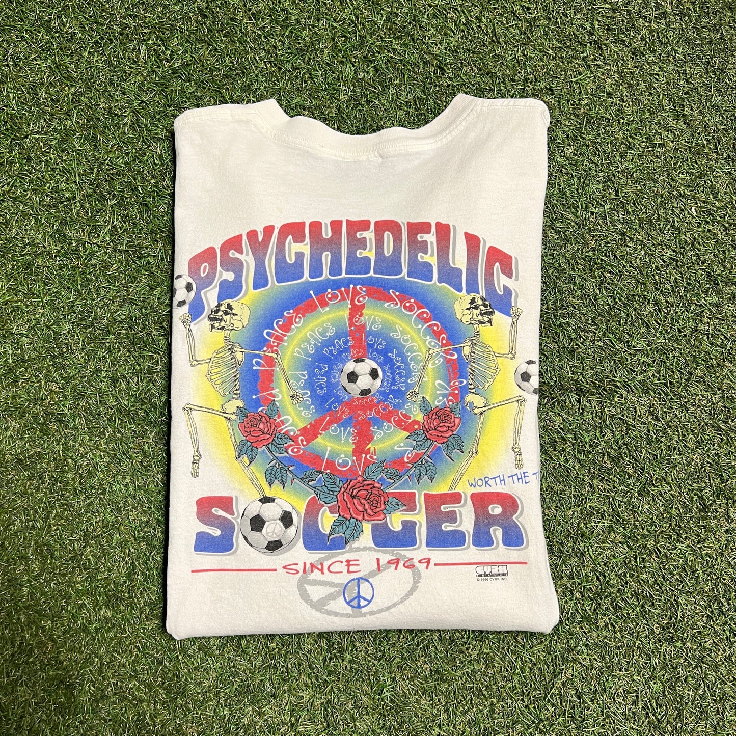 1990s Psychedelic Soccer Since 1969 White Tee Size XL USED v14992
