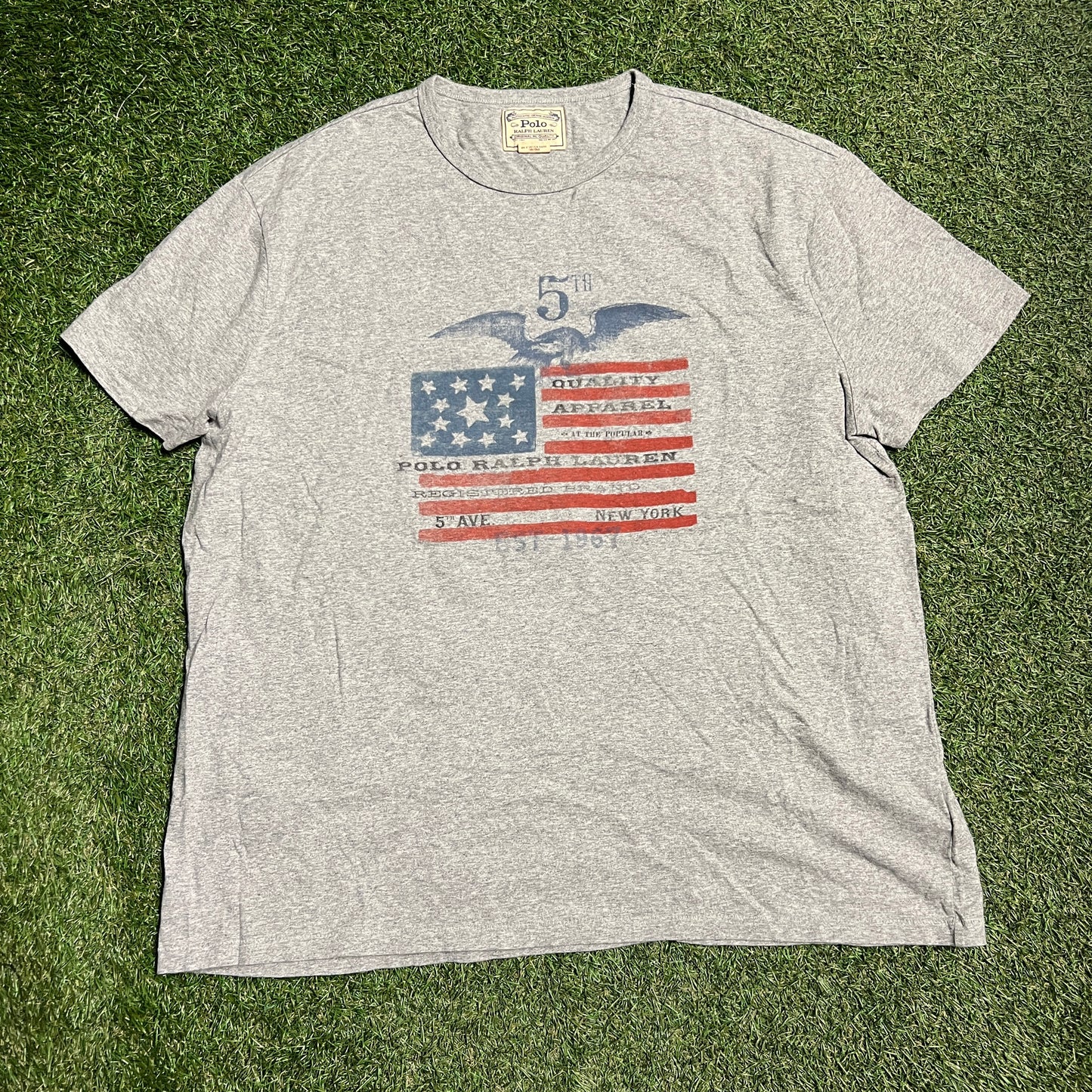 Polo RL 5th Flag Grey Tee Size XL USED v14122