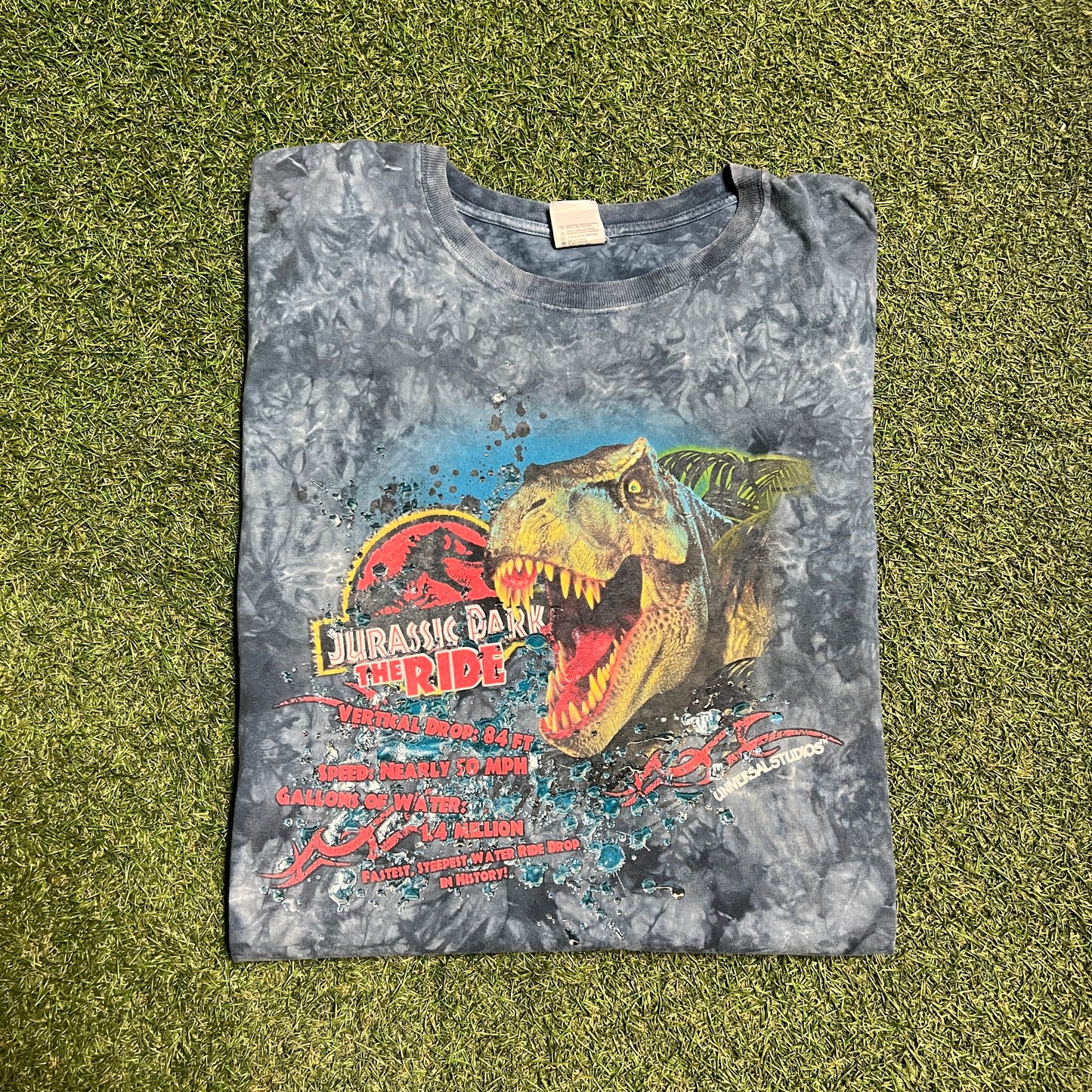 Y2K Jurassic Park The Ride Blue Tie Dye Tee Size XXL USED v15050